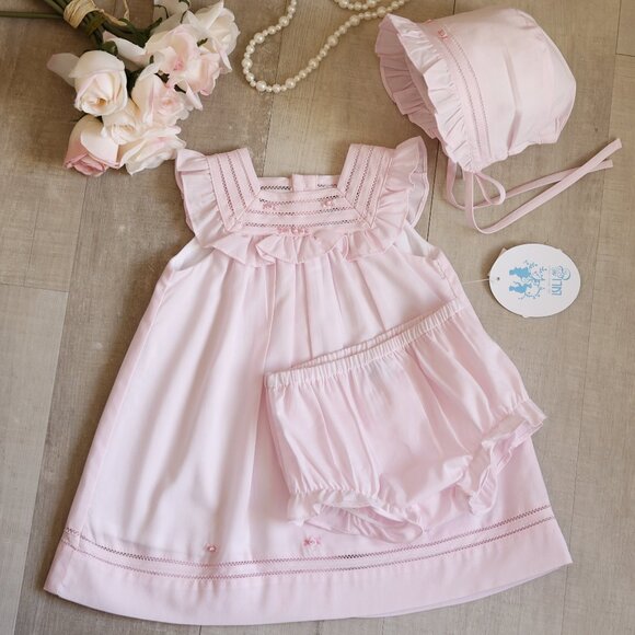 Pink Dress Bonnet Bloomer Set Flutter Sleeves Heirloom Details Boutique NWT - Picture 1 of 6